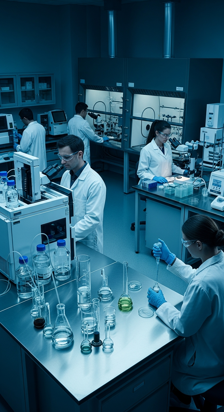 AI_IMAGE: A professional pharmaceutical laboratory interior with scientists in white lab coats working at precision analytical instruments. Clean stainless steel surfaces, glass beakers, HPLC equipment, and quality control workstations. Cool blue-toned lighting creates a sterile, meticulous atmosphere. Dark navy and teal color tones dominate the scene. | photorealistic | portrait