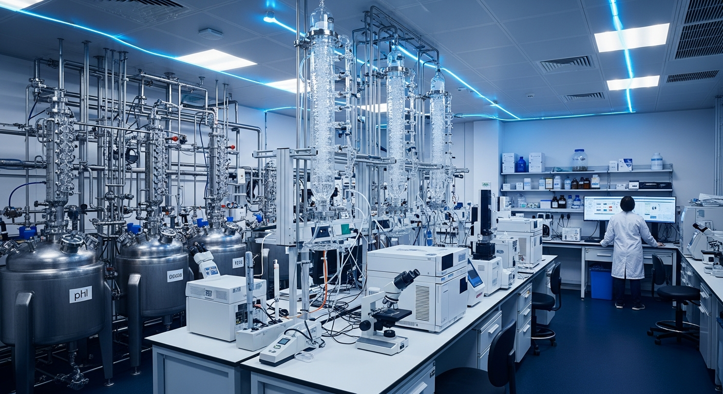 AI_IMAGE: Interior of a modern pharmaceutical chemical laboratory with stainless steel reactors, glass distillation columns, and precision analytical instruments. Cool blue-toned lighting illuminates the clean industrial space. A scientist in a white lab coat reviews data on a monitor. The atmosphere is sterile, precise, and professional with visible quality control equipment and chemical storage vessels. Dark navy and teal color tones dominate the scene. | photorealistic | landscape